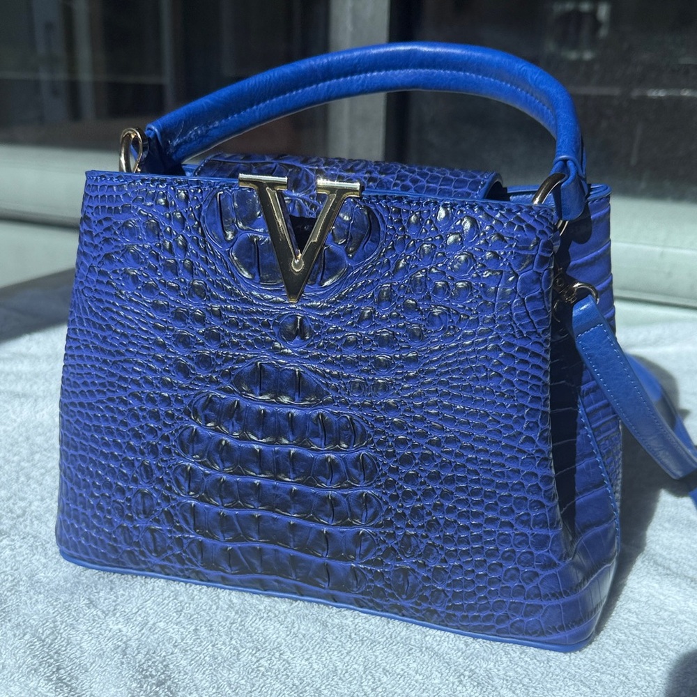 Elegant Blue Crocodile-Embossed Handbag
